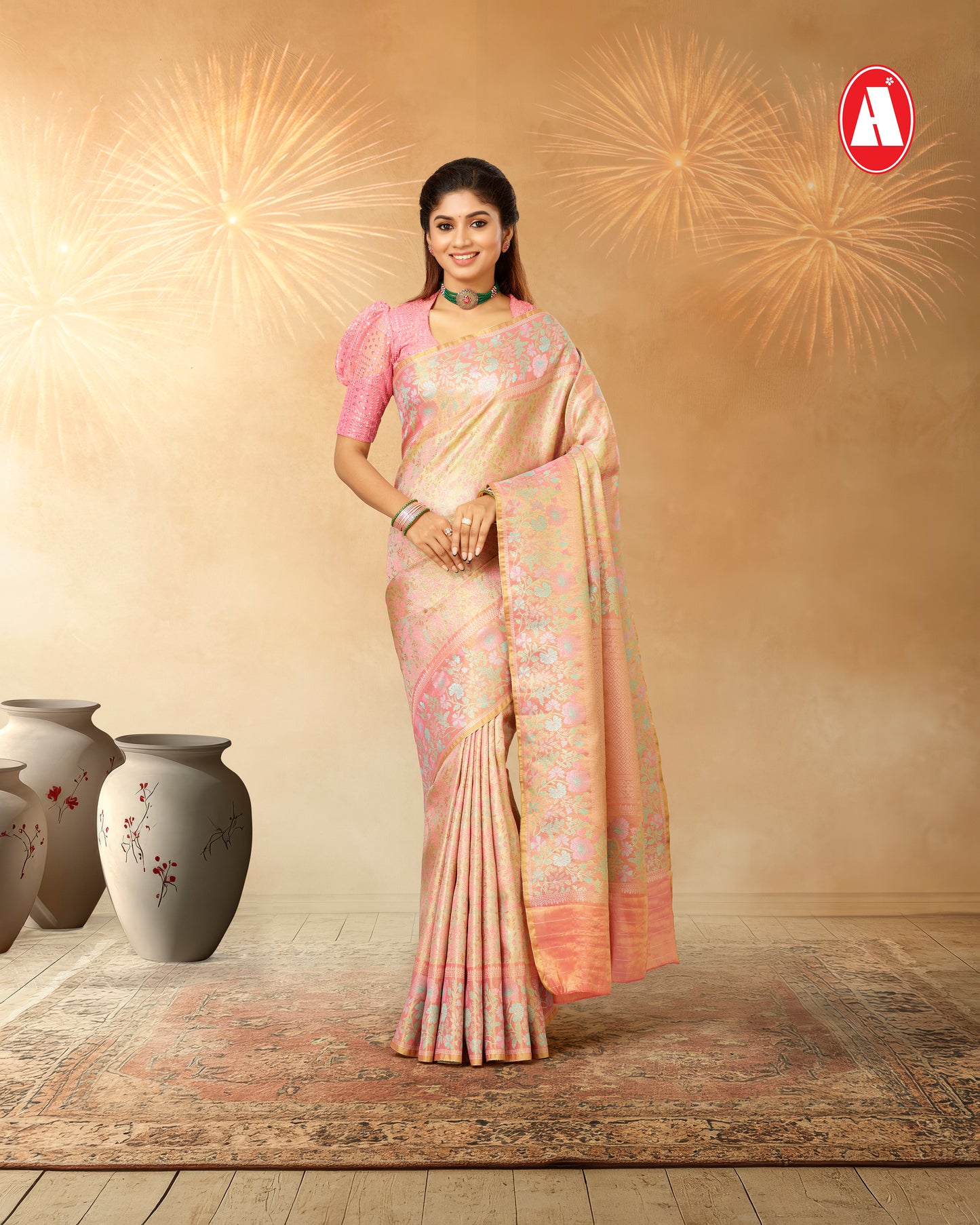 Pale Green Printed Exquisite Design On Its Body, Unique Plain Border And Self Blouse
