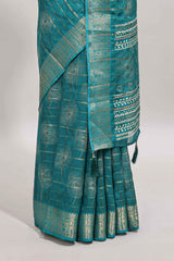 Green checked floral design dola silk saree with self zari border and matching blouse