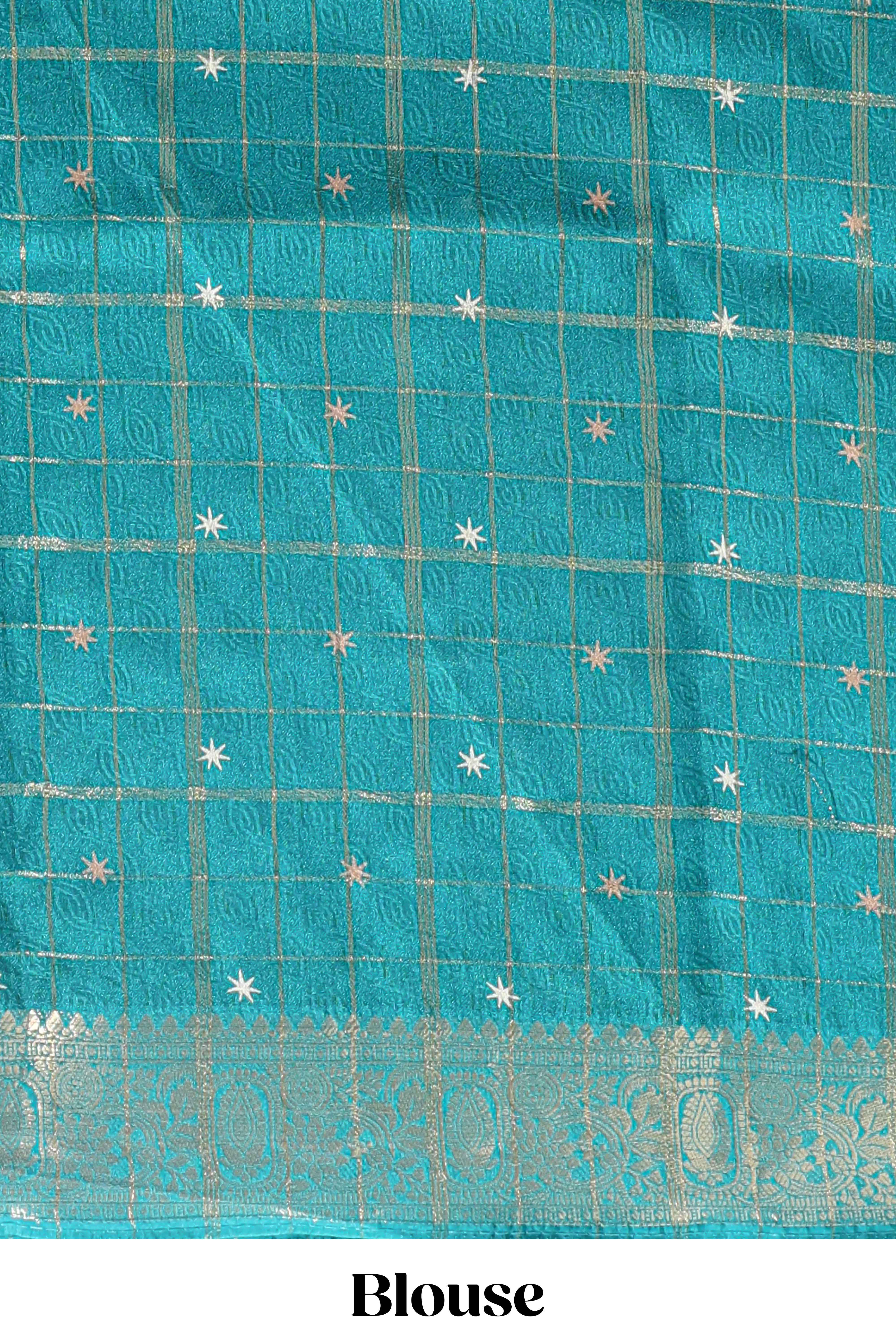 Green checked floral design dola silk saree with self zari border and matching blouse