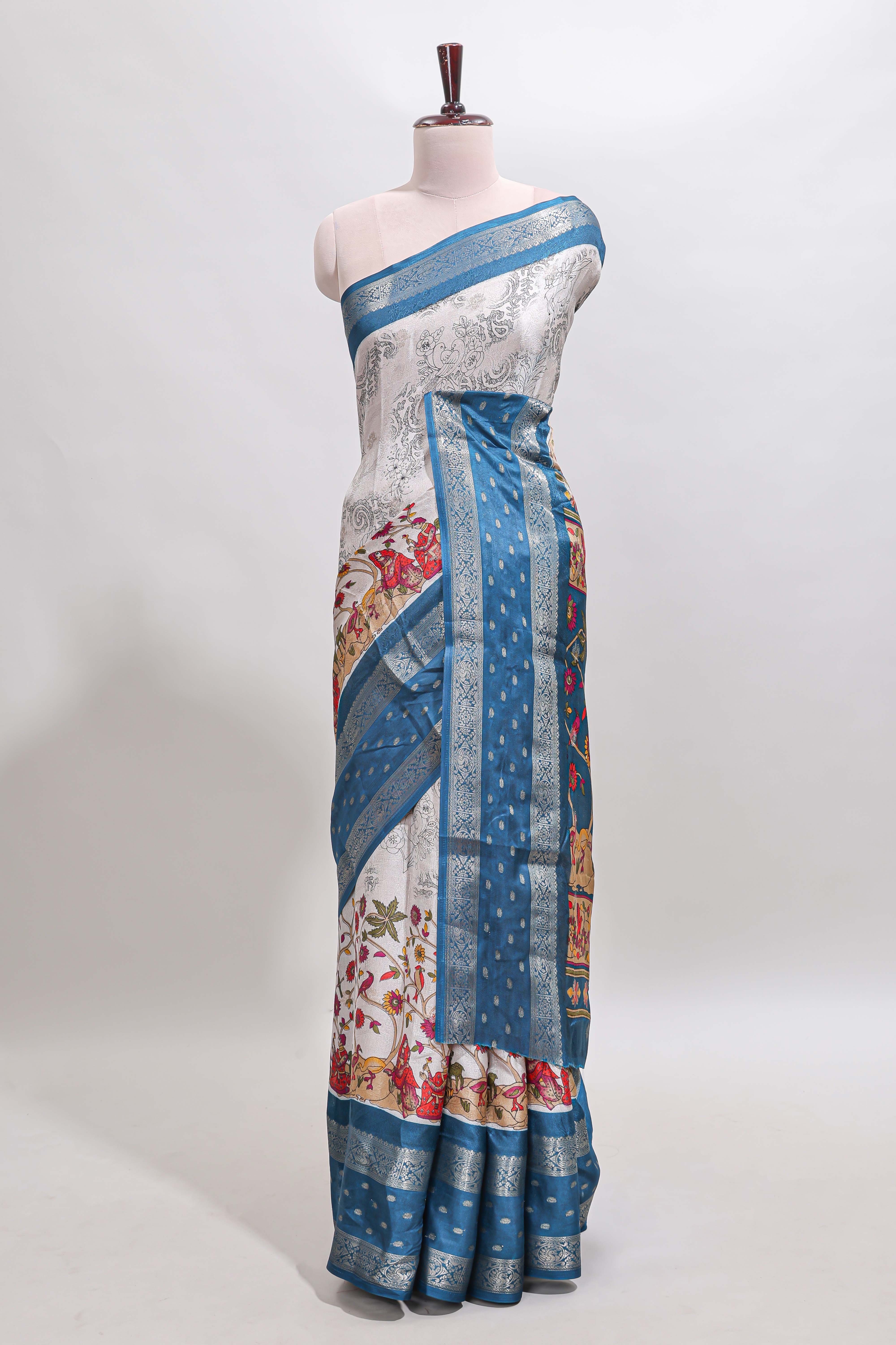 Off white kalamkari design dola silk saree with contrast bentex border and printed blouse