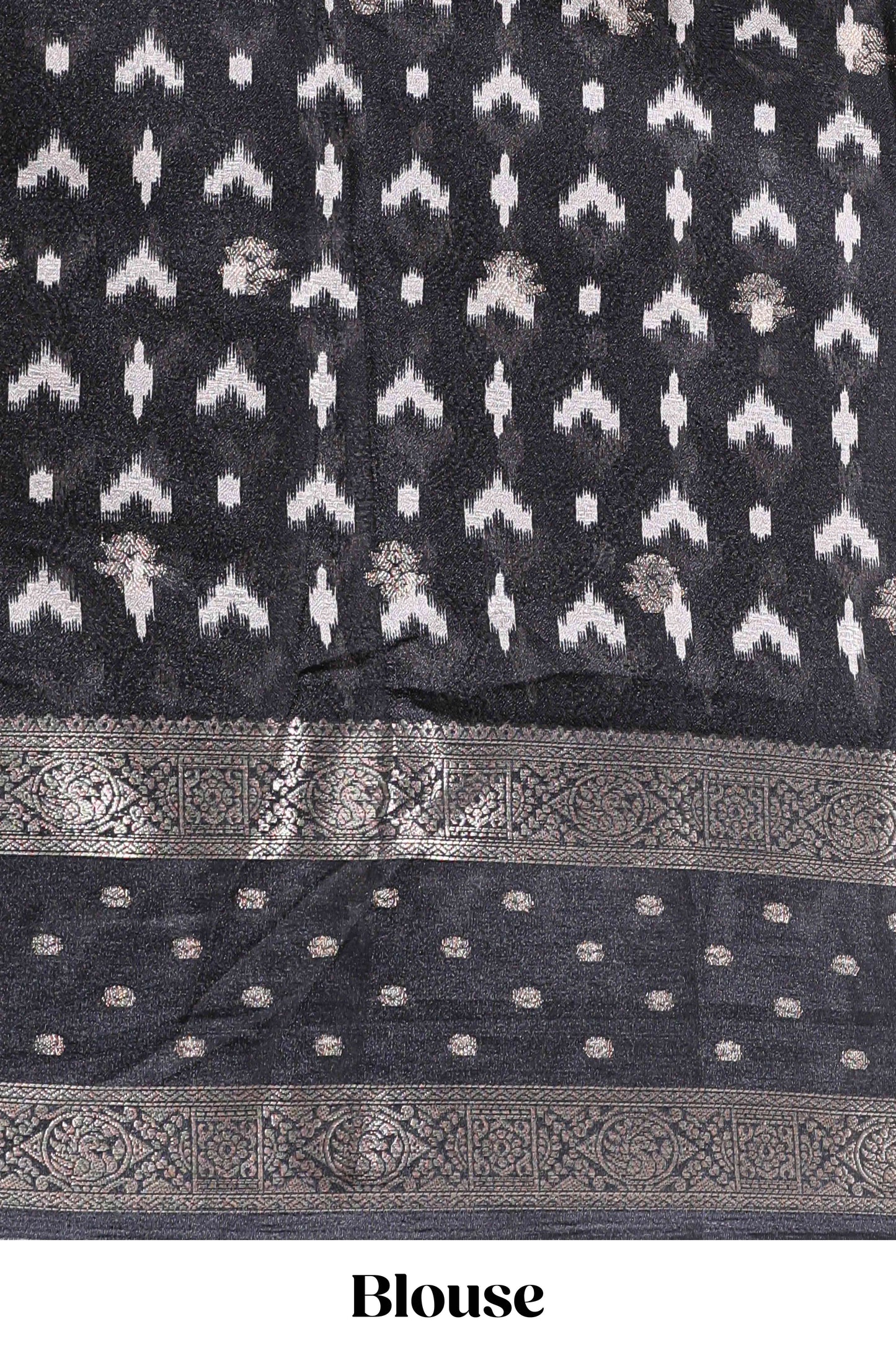 White traditional kalamkari themed marsh georgette saree with contrast black bentex zari border and pallu