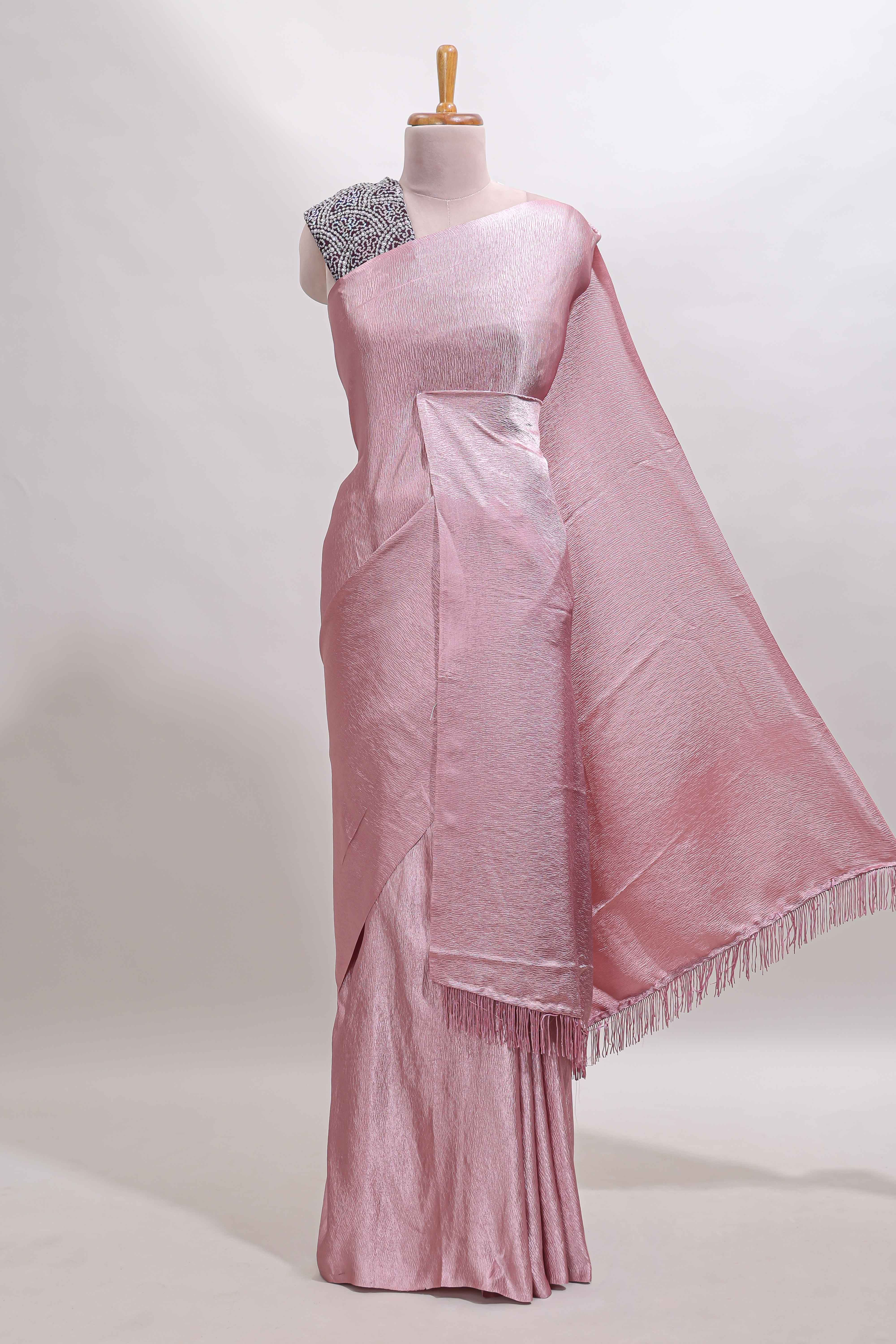 Borderless pink plain chiffon saree with contrast embroidery blouse