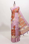 Orange striped pichwai motifs dola silk saree with contrast zari border and blouse