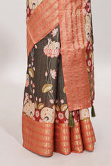 Black striped pichwai motifs dola silk saree with contrast zari border and blouse