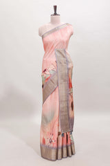 Pink checked floral design dola silk saree with contrast zari border and matching blouse