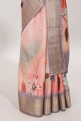 Pink checked floral design dola silk saree with contrast zari border and matching blouse
