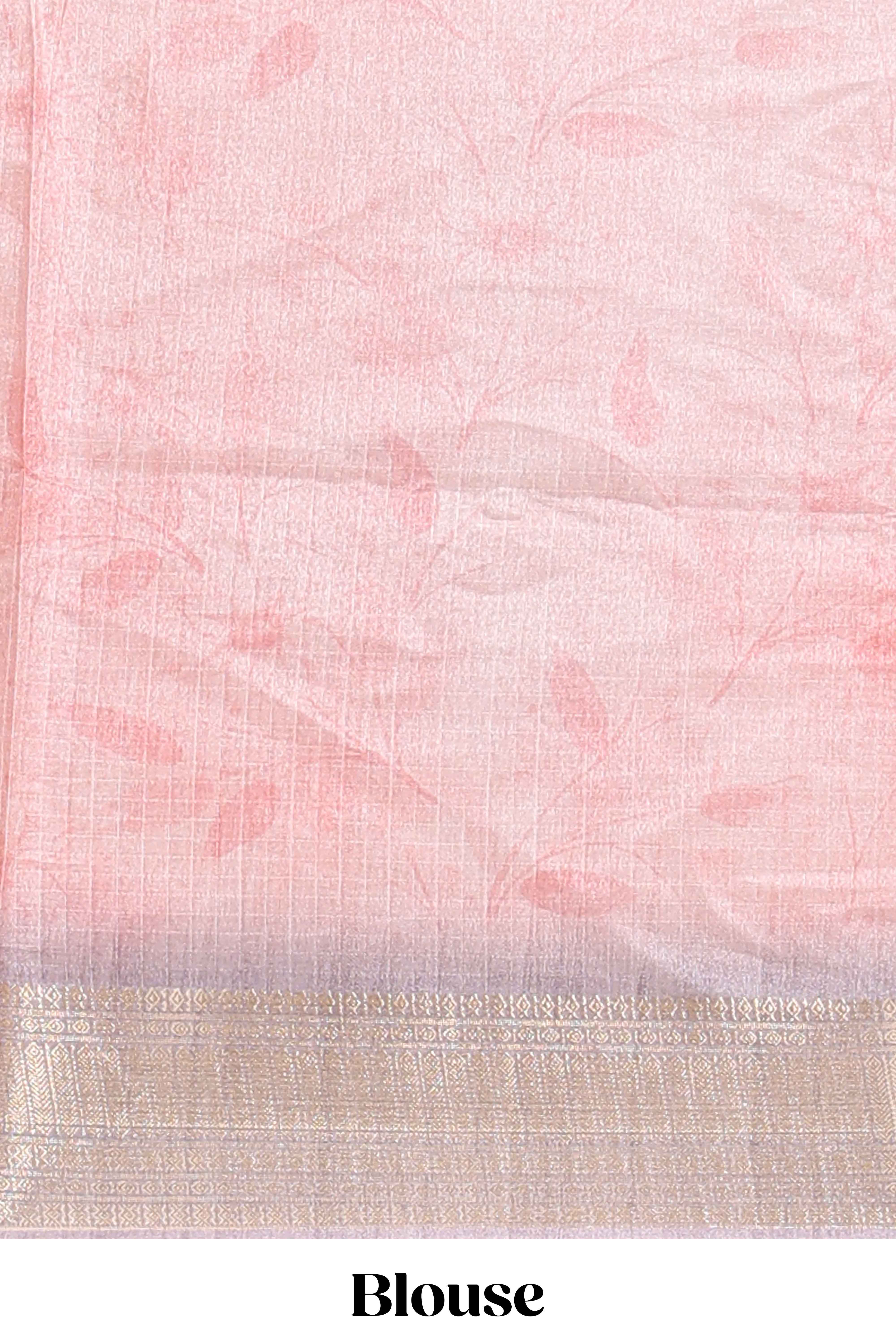 Pink checked floral design dola silk saree with contrast zari border and matching blouse