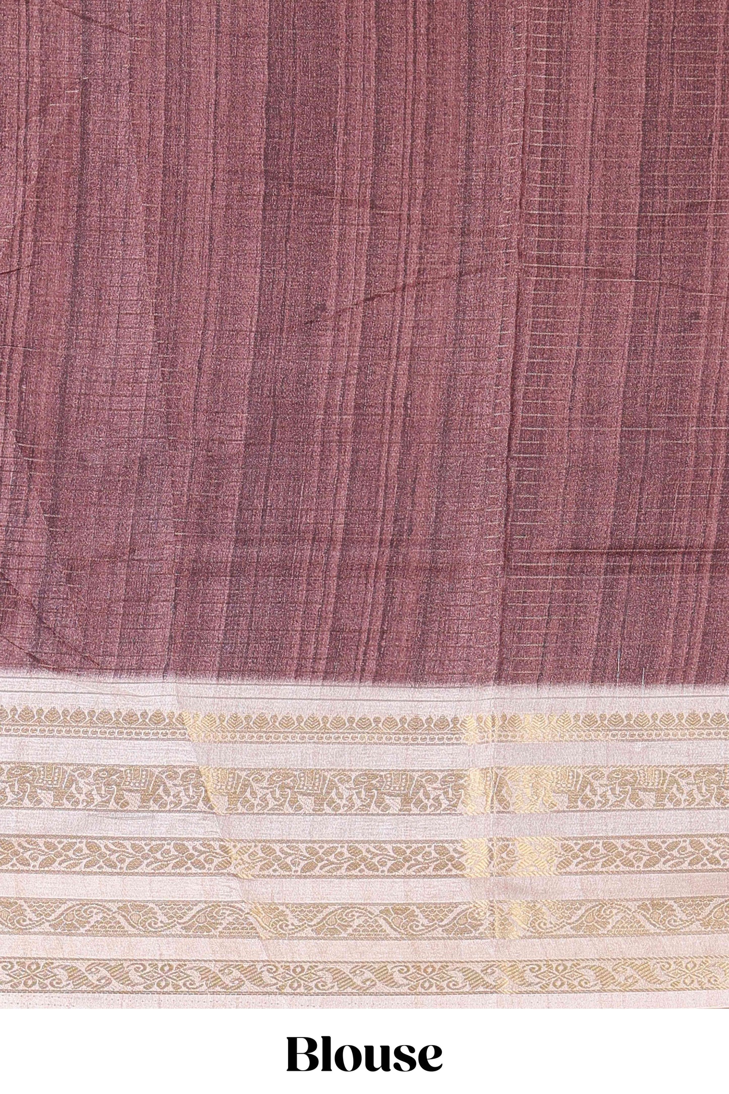 Brown dola silk saree with temple architecture print, zari striped pallu and border