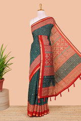 Green chanderi cotton geometric diamond mirror work saree with contrast zari border