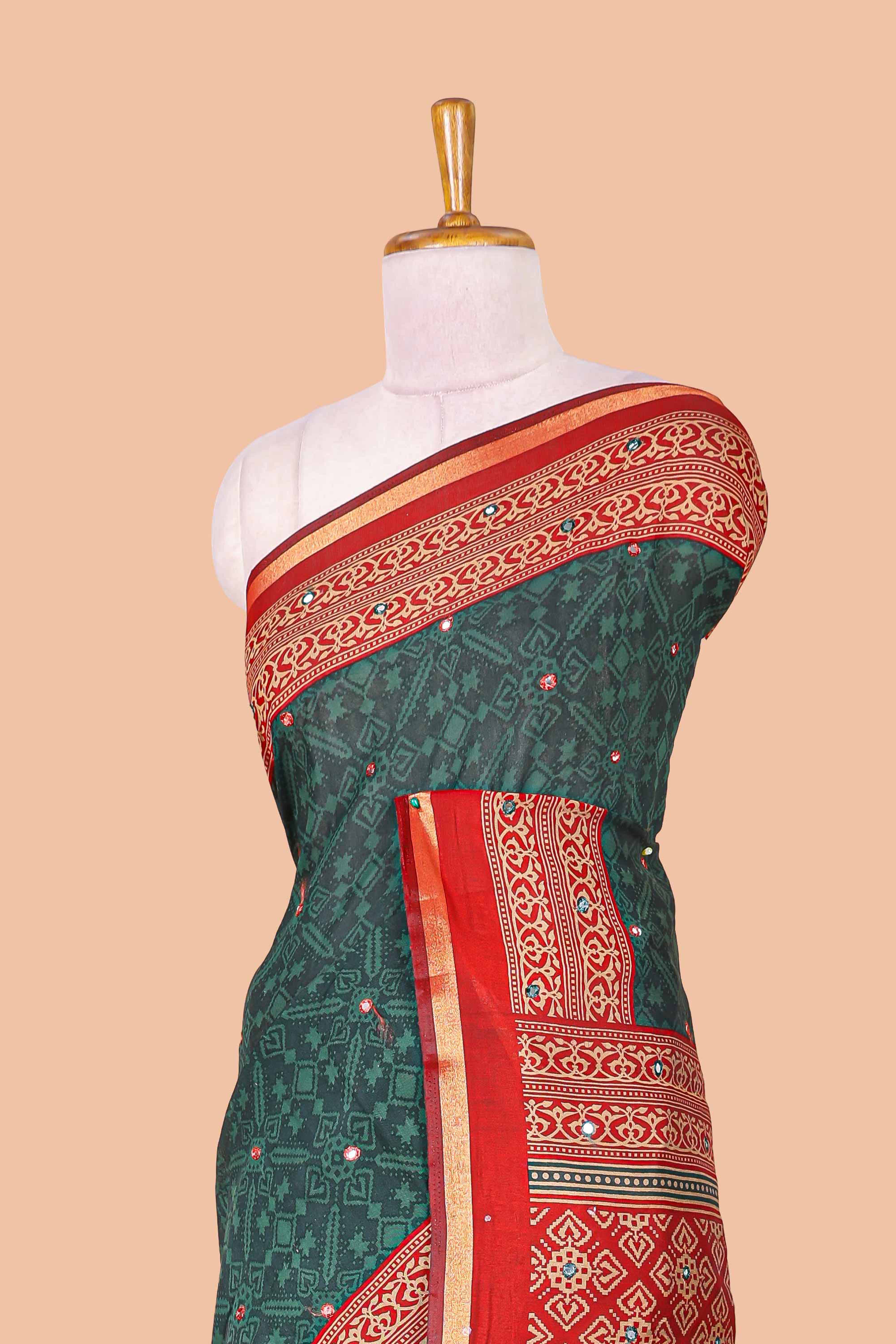 Green chanderi cotton geometric diamond mirror work saree with contrast zari border