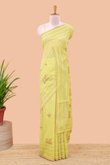Green chanderi cotton saree with all over warli style tribal couple embroidery and hand stitched line work