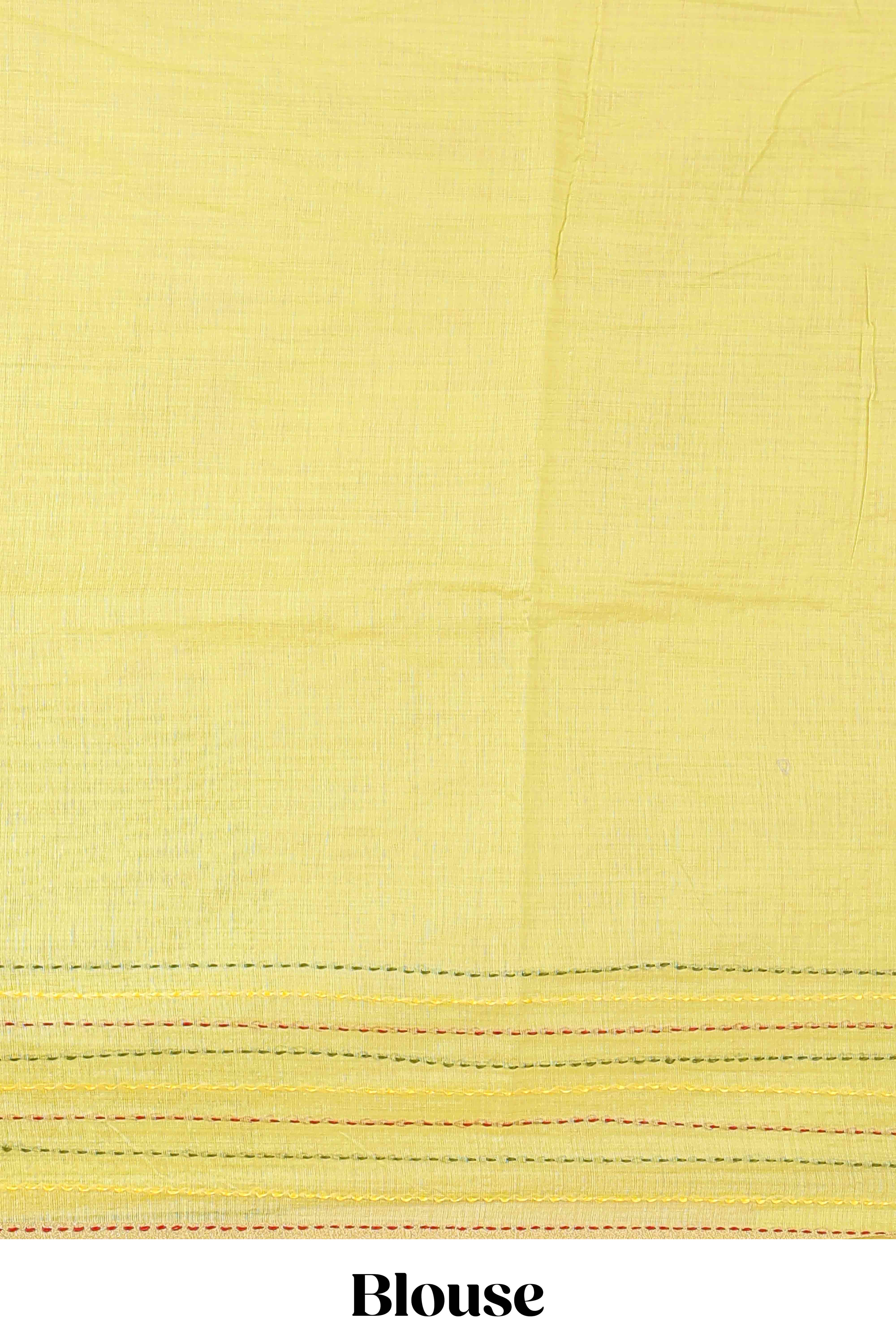 Green chanderi cotton saree with all over warli style tribal couple embroidery and hand stitched line work