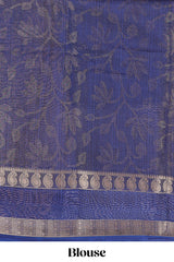 Blue dola silk floral motifs saree with kalamkari inspired pallu and peacock zari border
