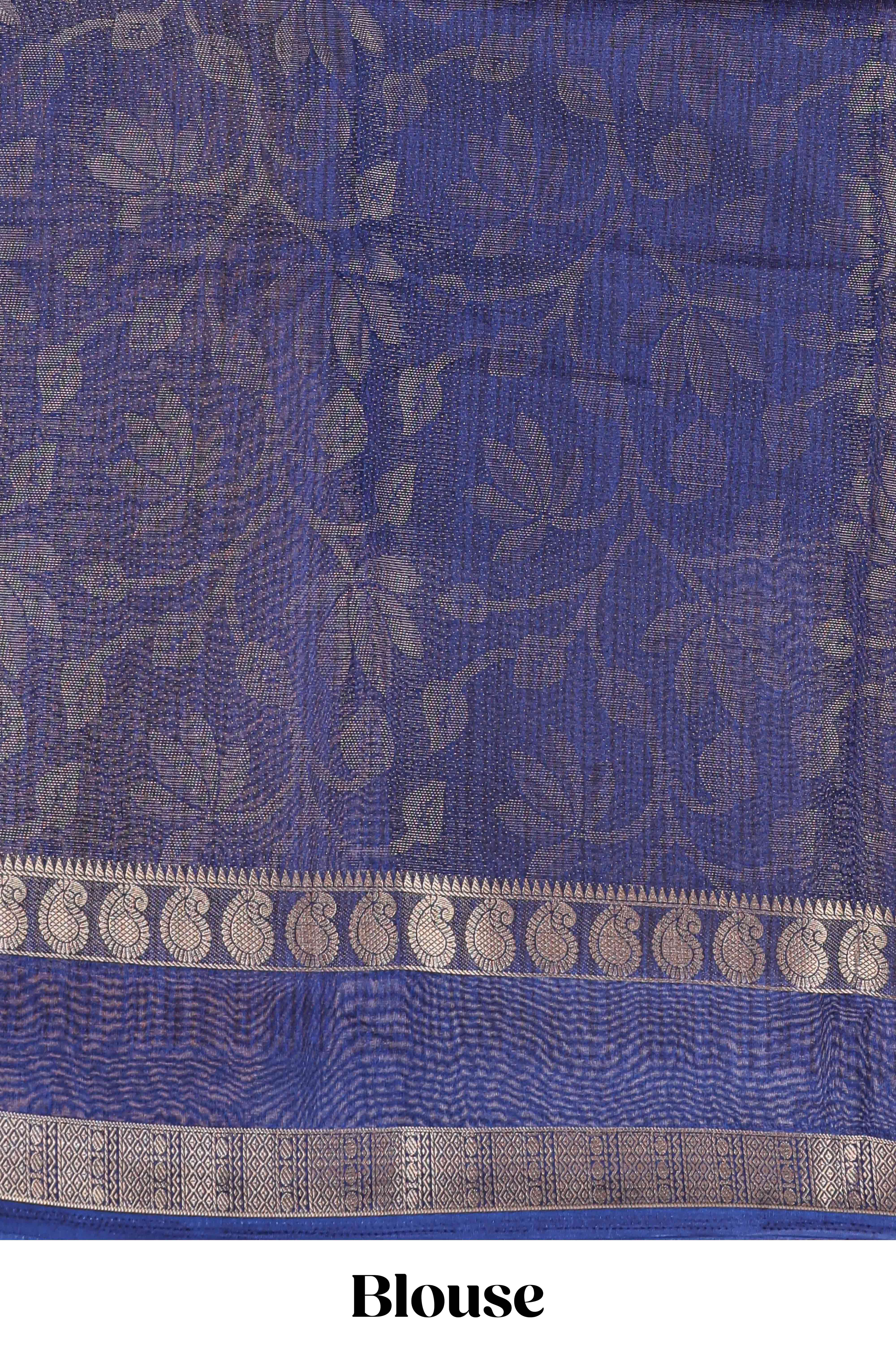 Blue dola silk floral motifs saree with kalamkari inspired pallu and peacock zari border