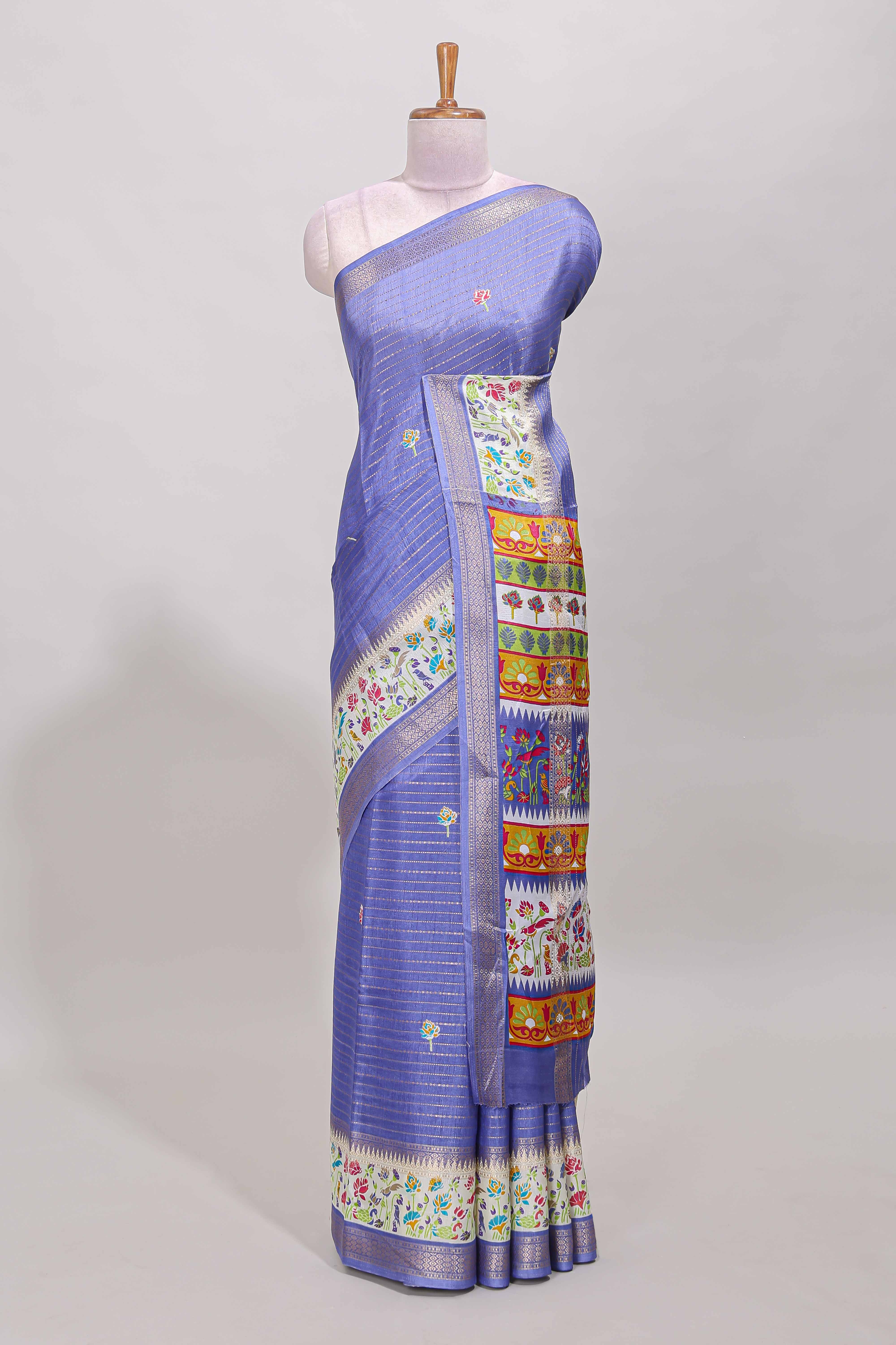 Lavender dola silk saree with striped floral motifs and bird & floral bottom design with self zari border and matching blouse