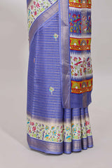 Lavender dola silk saree with striped floral motifs and bird & floral bottom design with self zari border and matching blouse