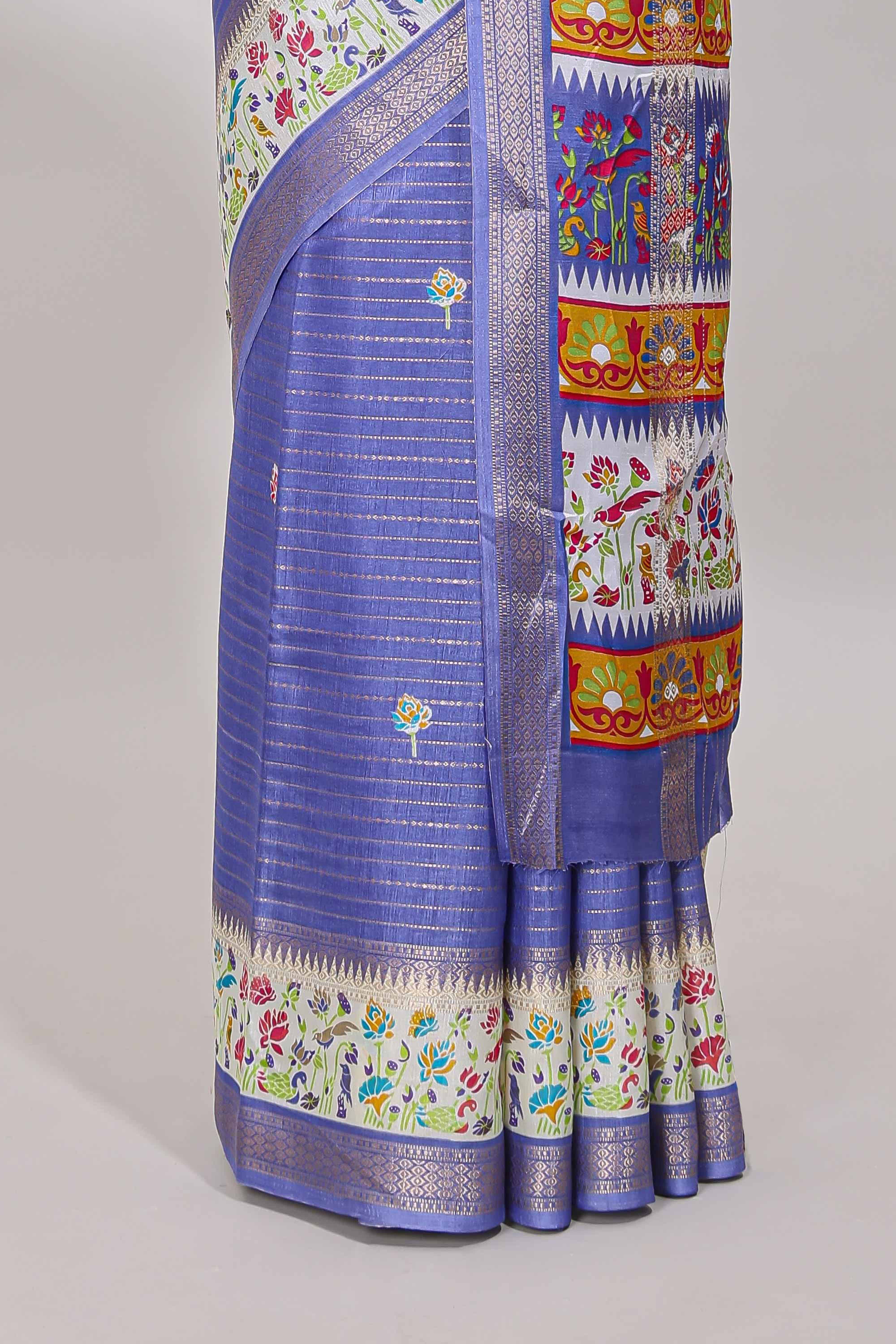 Lavender dola silk saree with striped floral motifs and bird & floral bottom design with self zari border and matching blouse
