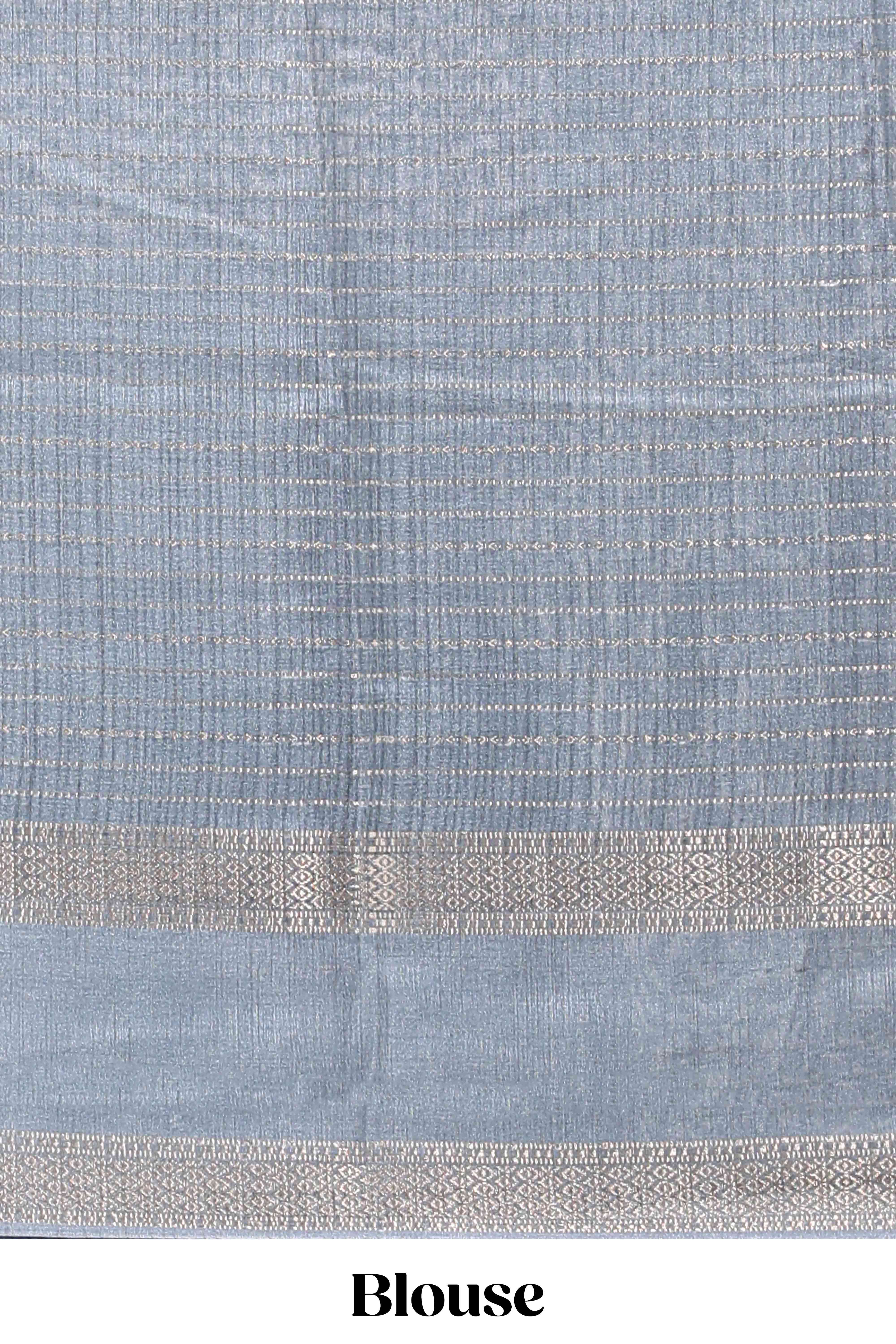 Grey dola silk saree with striped floral motifs and bird & floral bottom design with self zari border and matching blouse