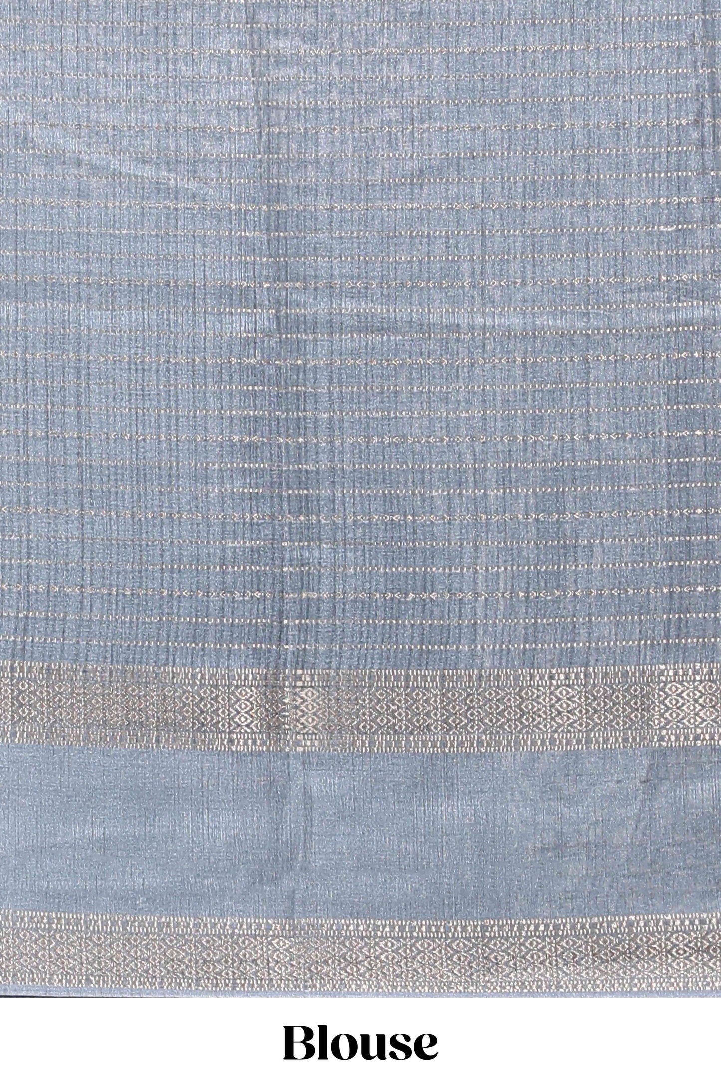 Grey dola silk saree with striped floral motifs and bird & floral bottom design with self zari border and matching blouse
