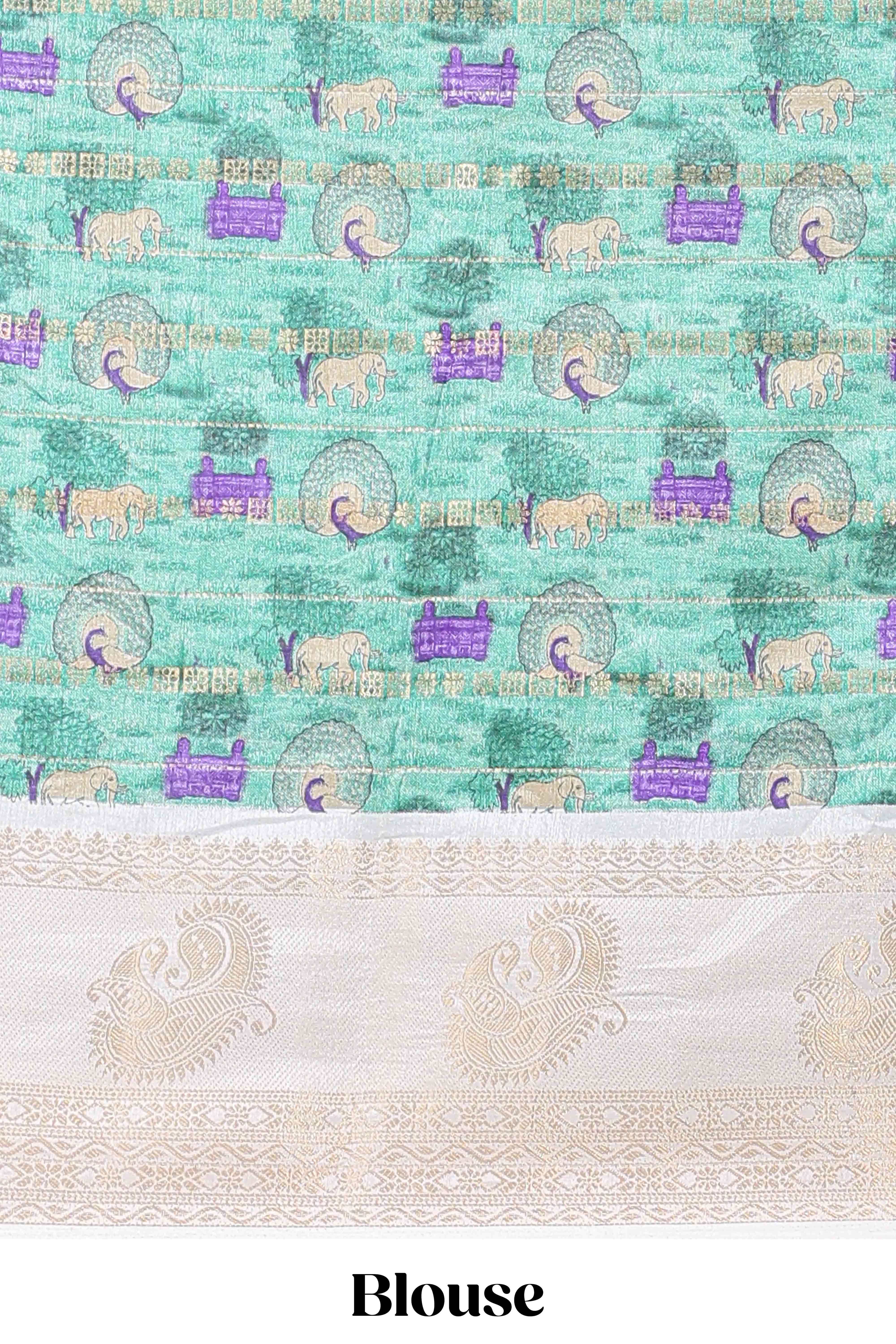 Green zari striped dola silk saree with contrast zari border and printed pallu