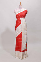 Red zari striped dola silk saree with contrast zari border and printed pallu