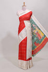 Red zari striped dola silk saree with contrast zari border and printed pallu