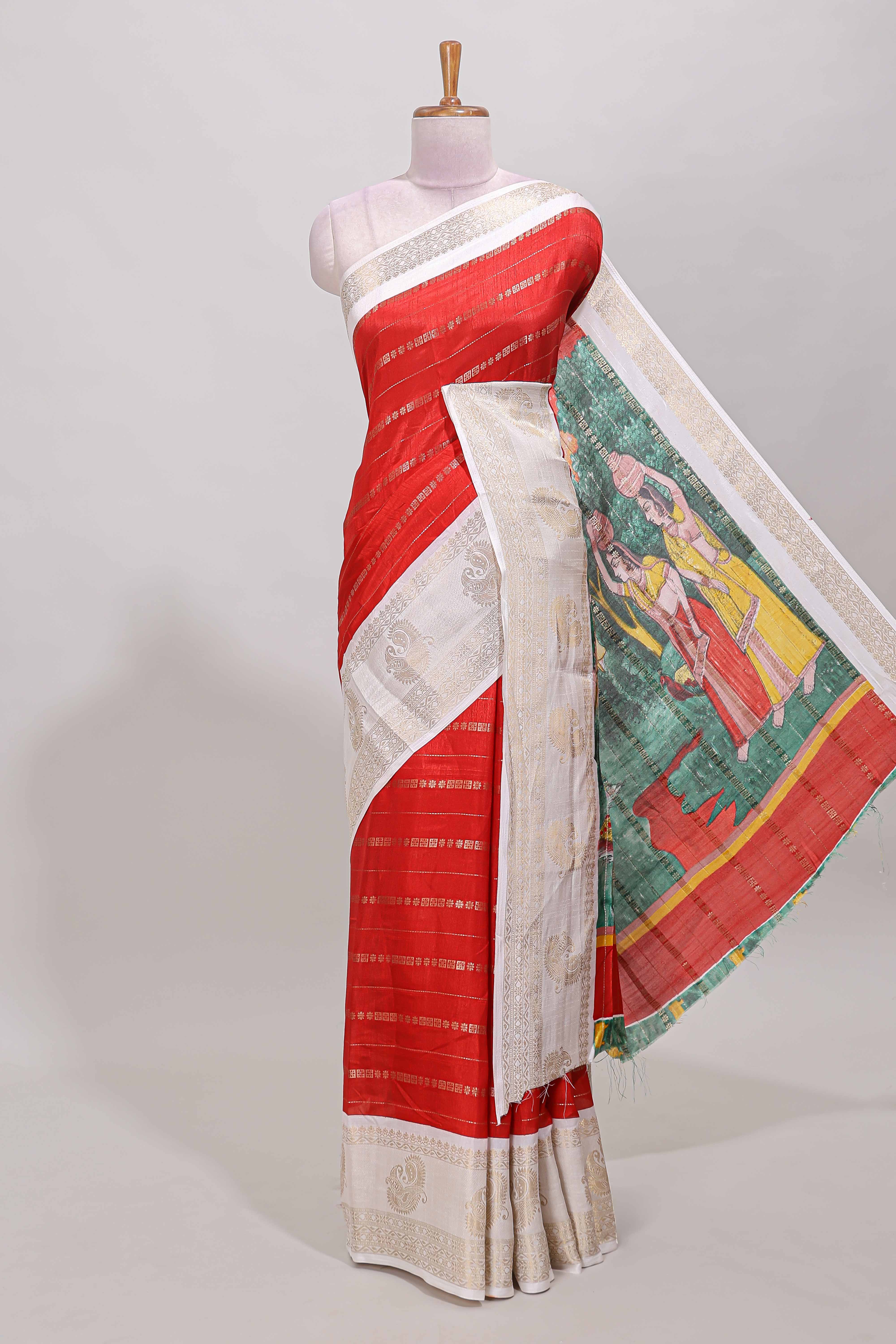 Red zari striped dola silk saree with contrast zari border and printed pallu