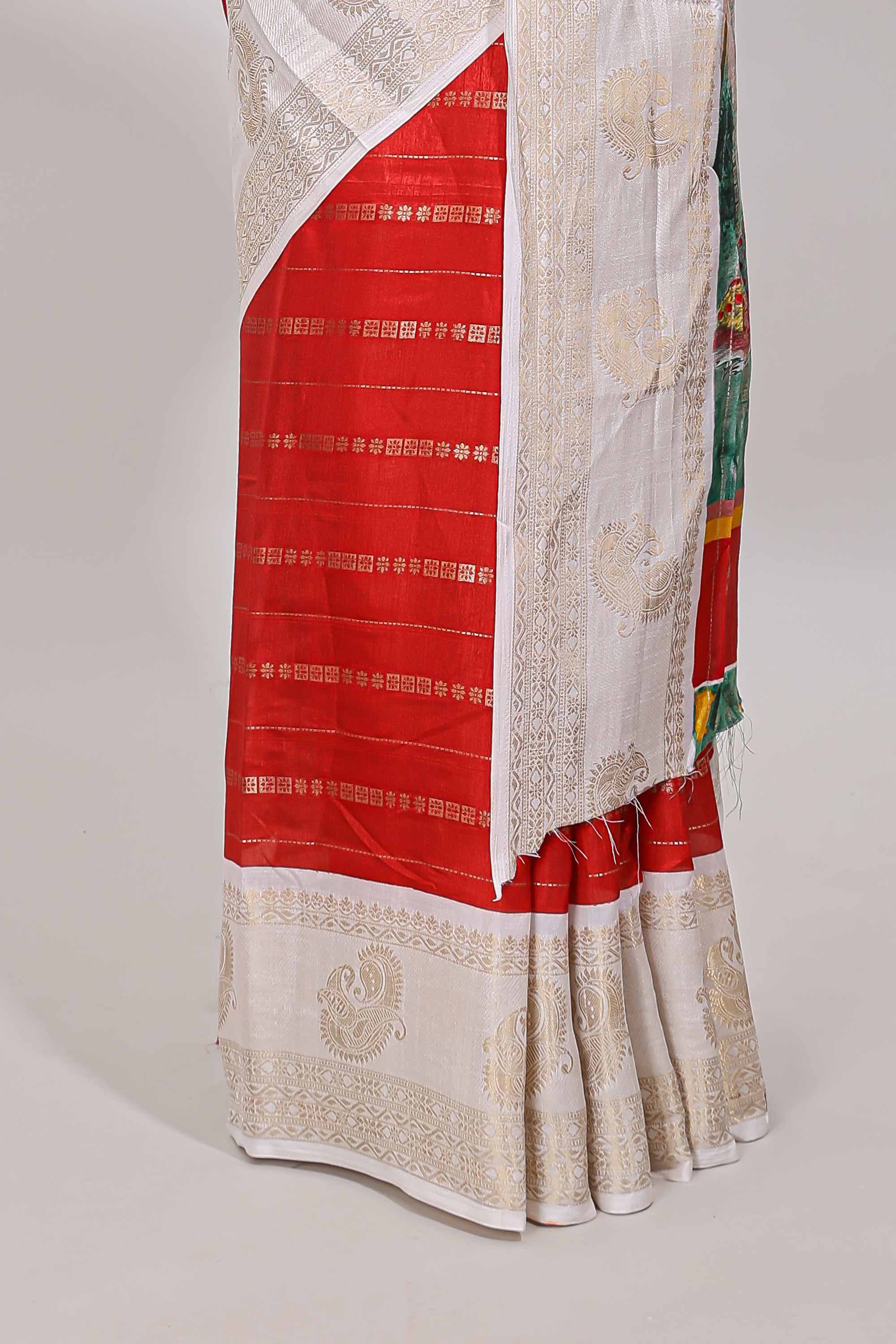 Red zari striped dola silk saree with contrast zari border and printed pallu