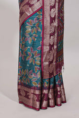 Green zari striped floral design dola silk saree with contrast zari border and printed blouse