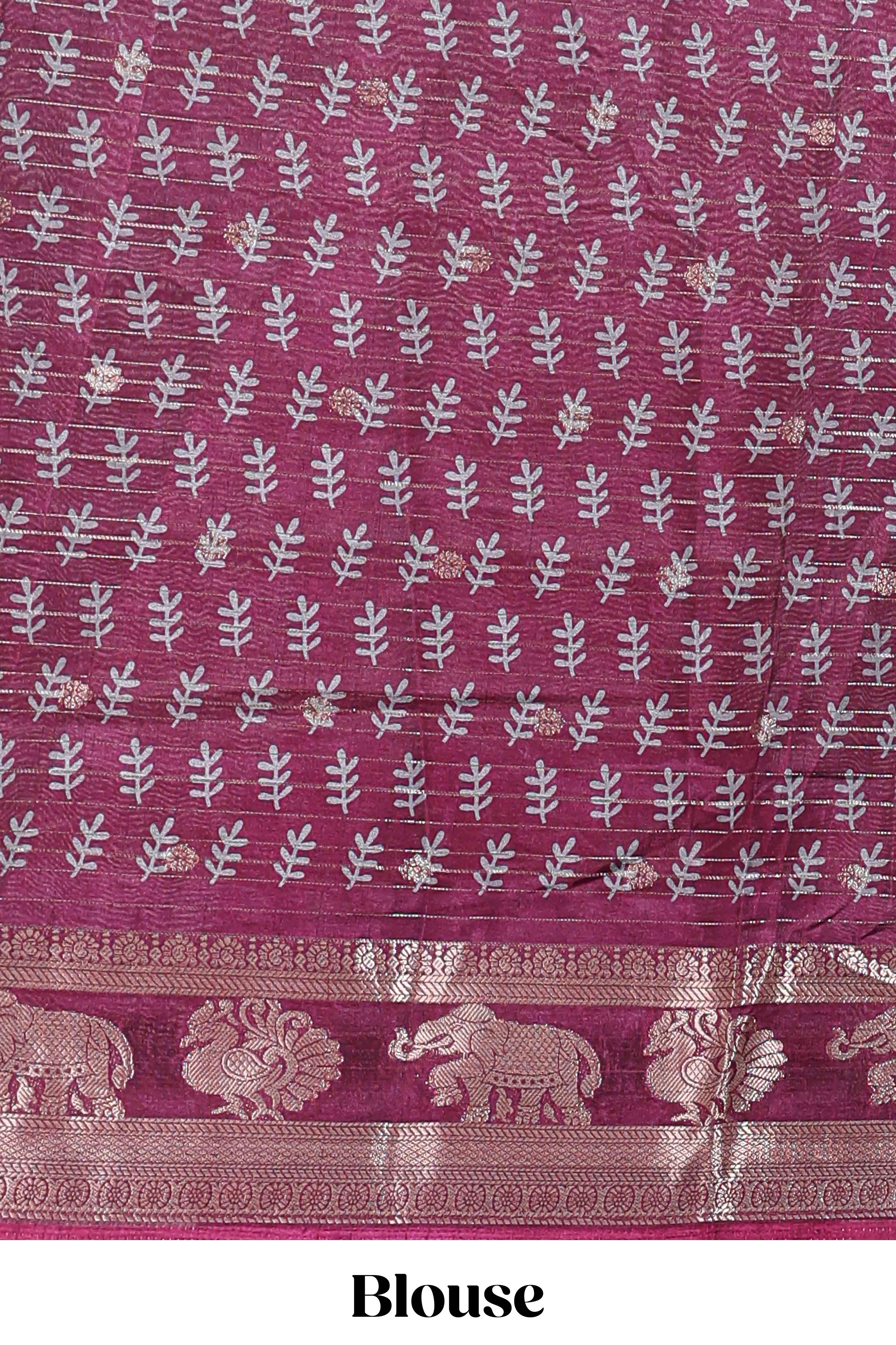 Green zari striped floral design dola silk saree with contrast zari border and printed blouse