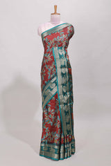 Red zari striped floral design dola silk saree with contrast zari border and printed blouse