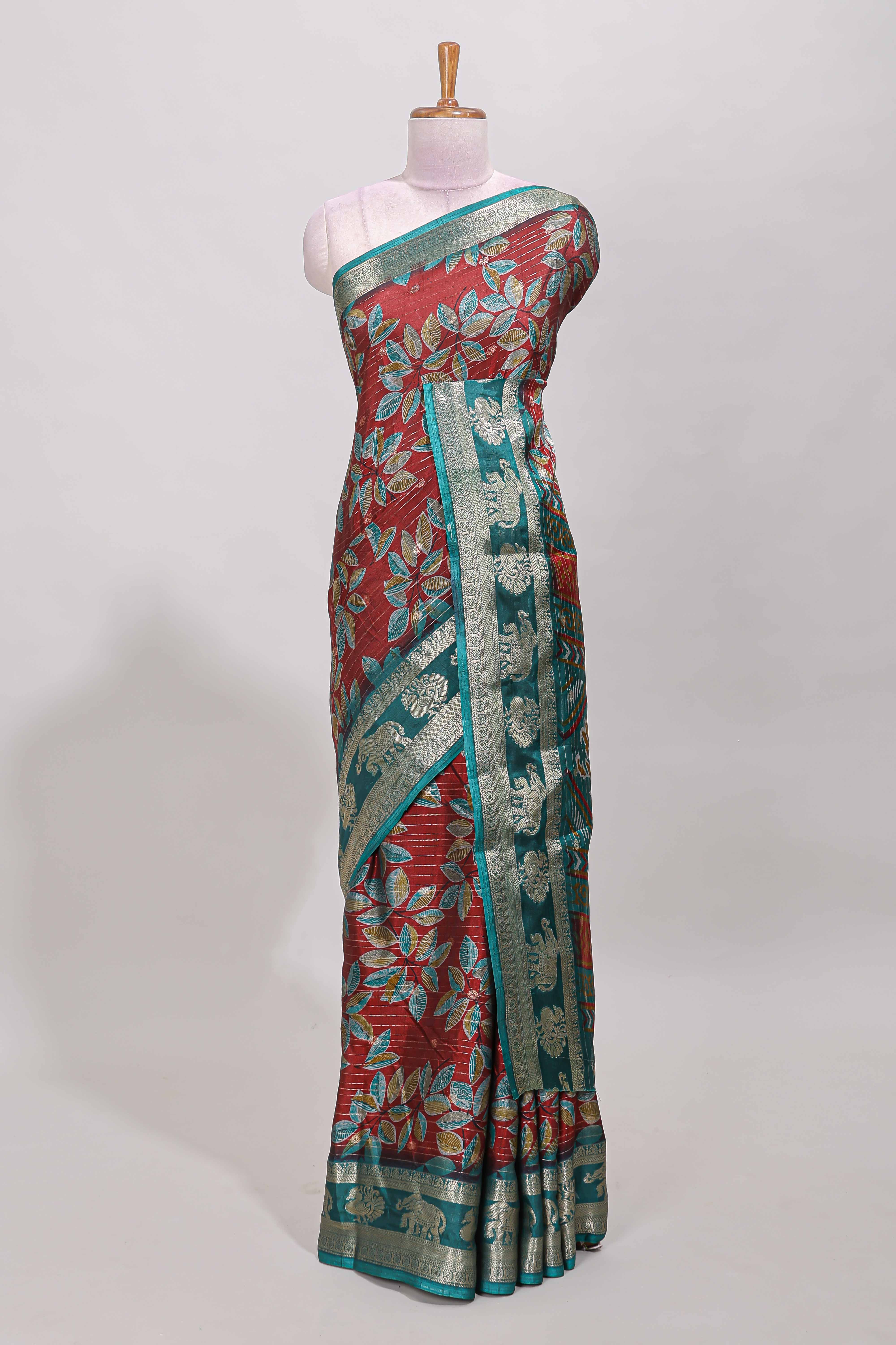 Red zari striped floral design dola silk saree with contrast zari border and printed blouse