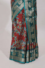 Red zari striped floral design dola silk saree with contrast zari border and printed blouse