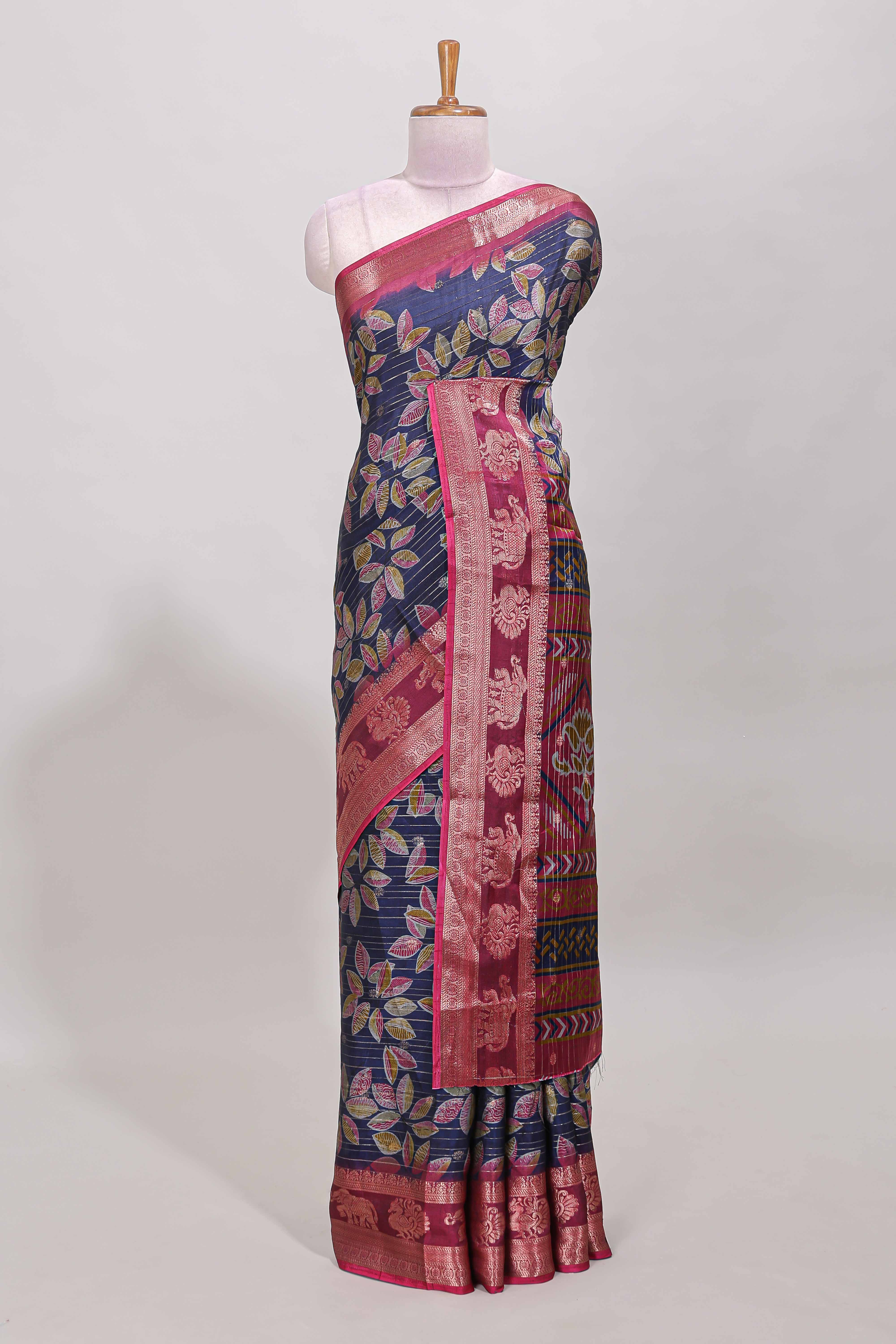 Blue zari striped floral design dola silk saree with contrast zari border and printed blouse