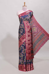 Blue zari striped floral design dola silk saree with contrast zari border and printed blouse