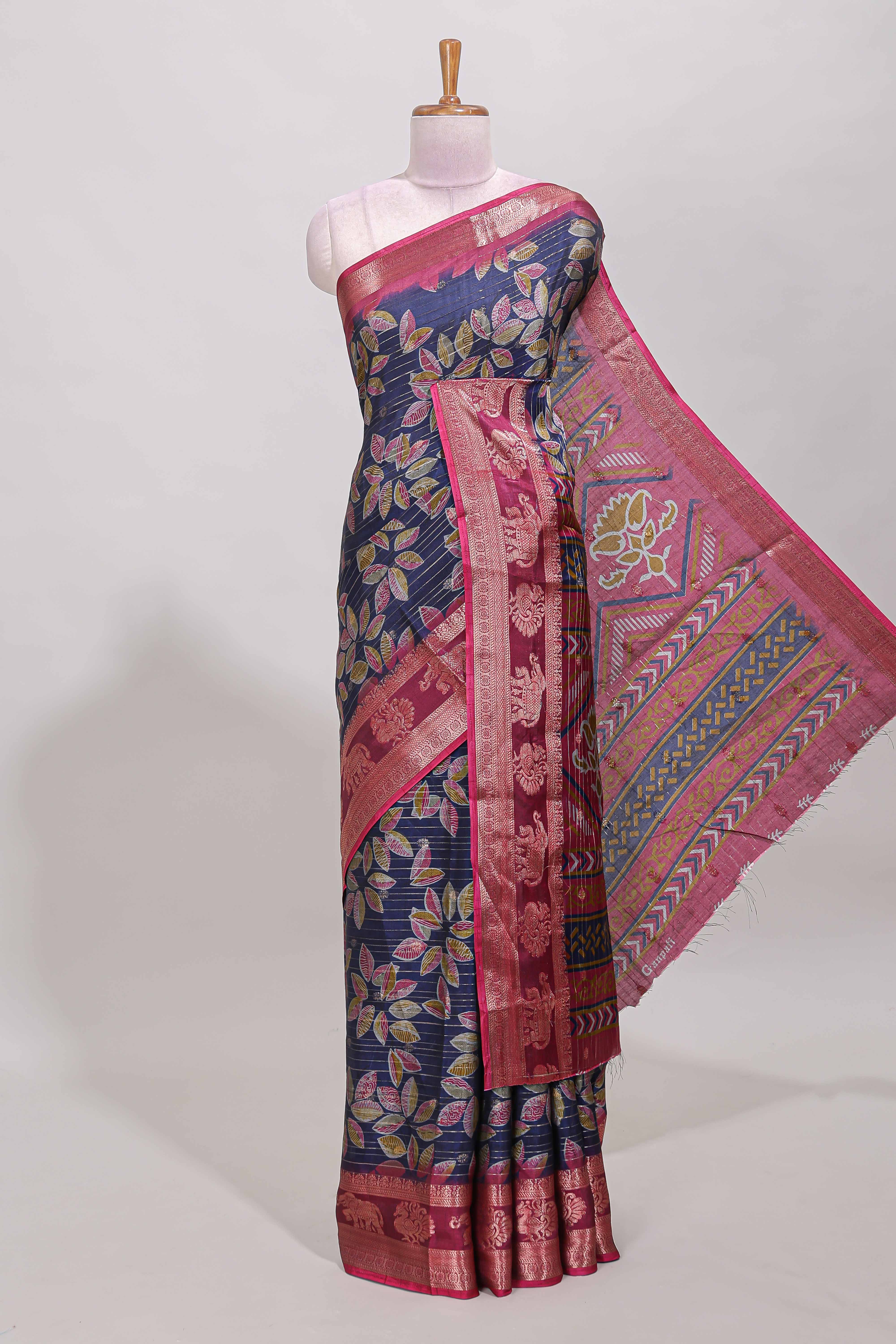 Blue zari striped floral design dola silk saree with contrast zari border and printed blouse