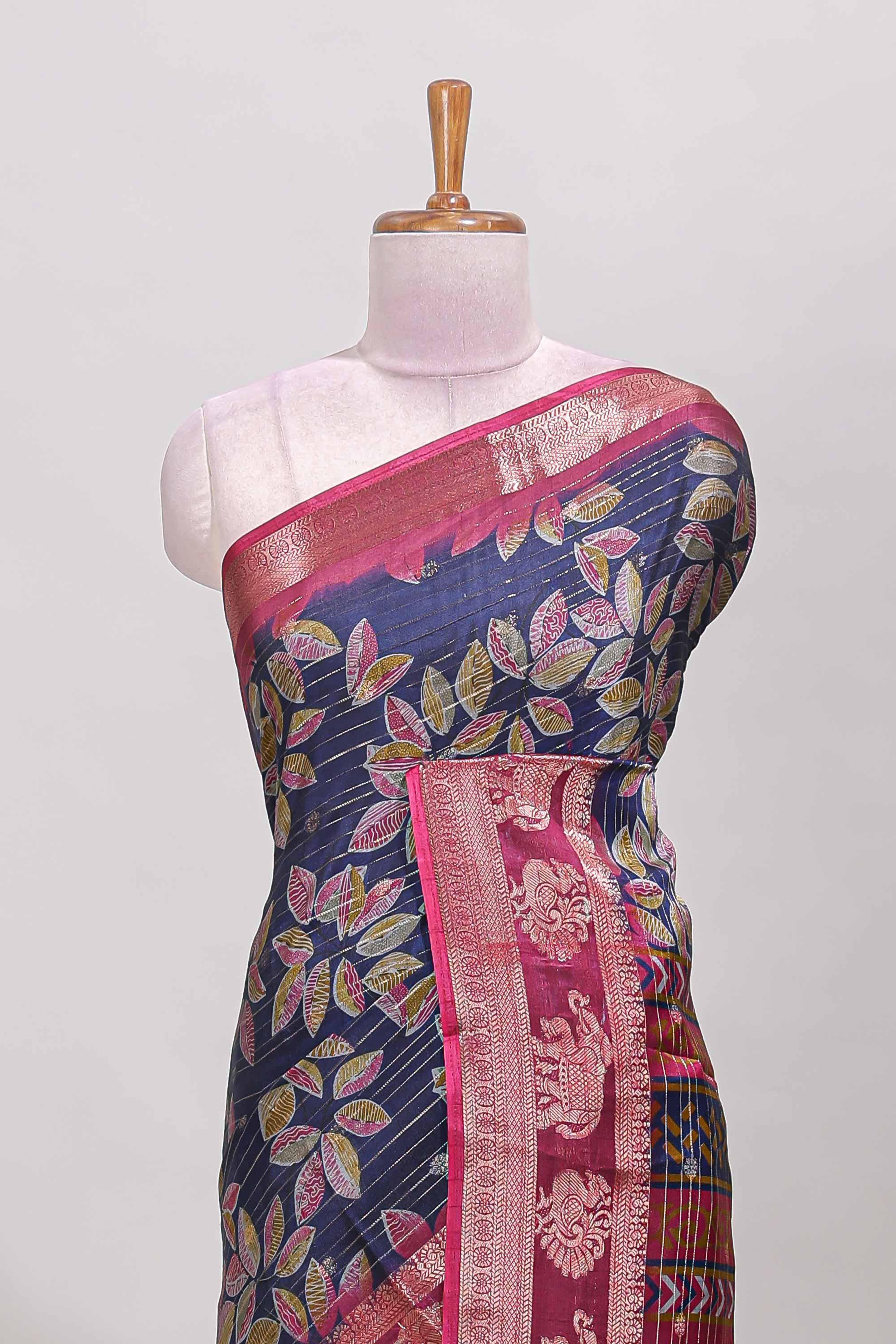 Blue zari striped floral design dola silk saree with contrast zari border and printed blouse