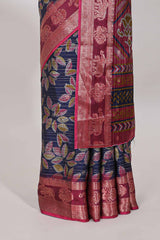 Blue zari striped floral design dola silk saree with contrast zari border and printed blouse