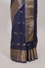 Blue checked peacock zari motifs dola silk saree with self zari border and matching blouse