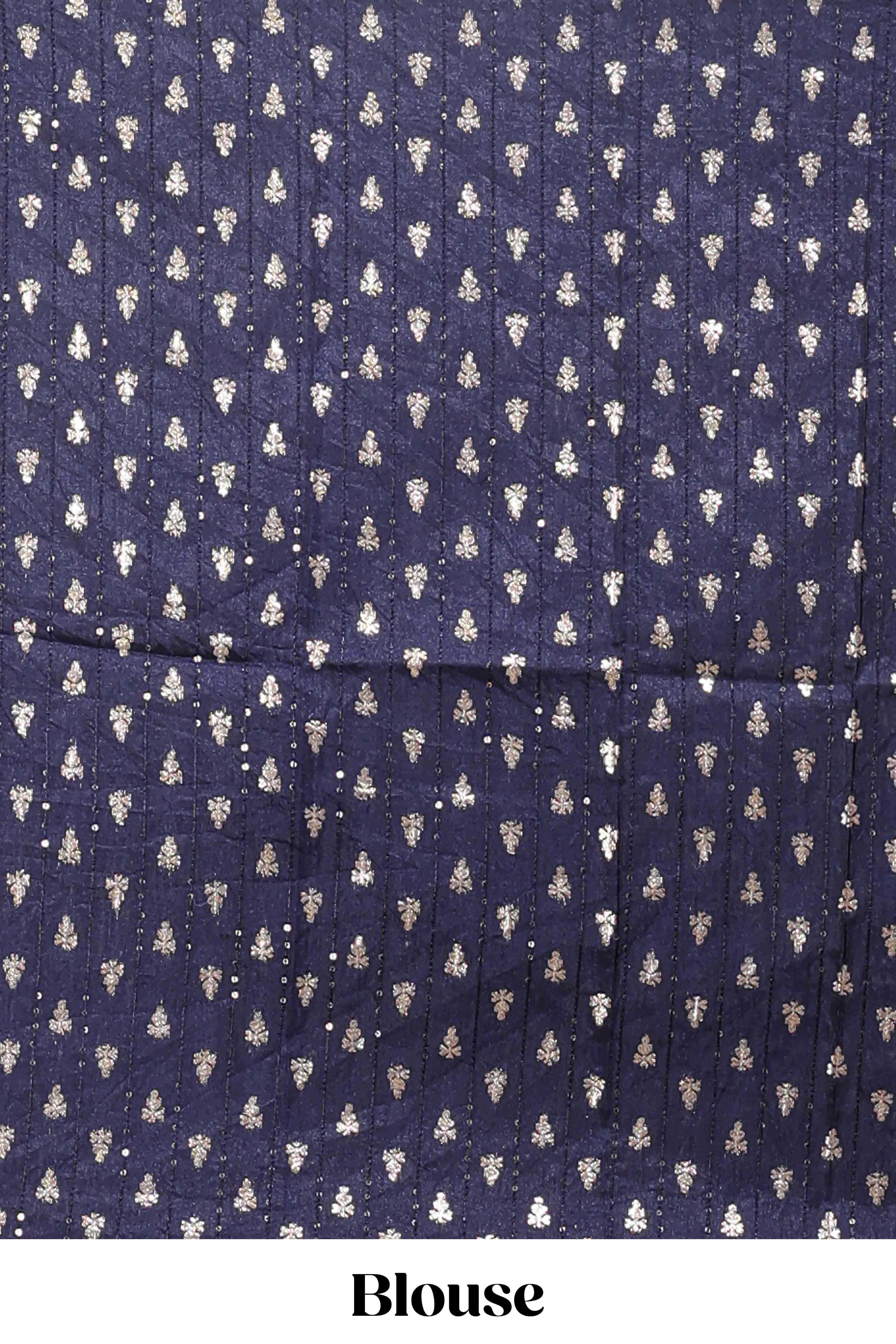 Blue checked peacock zari motifs dola silk saree with self zari border and matching blouse