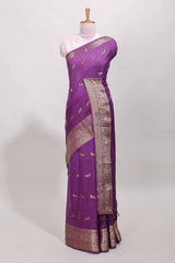 Purple checked peacock zari motifs dola silk saree with self zari border and matching blouse
