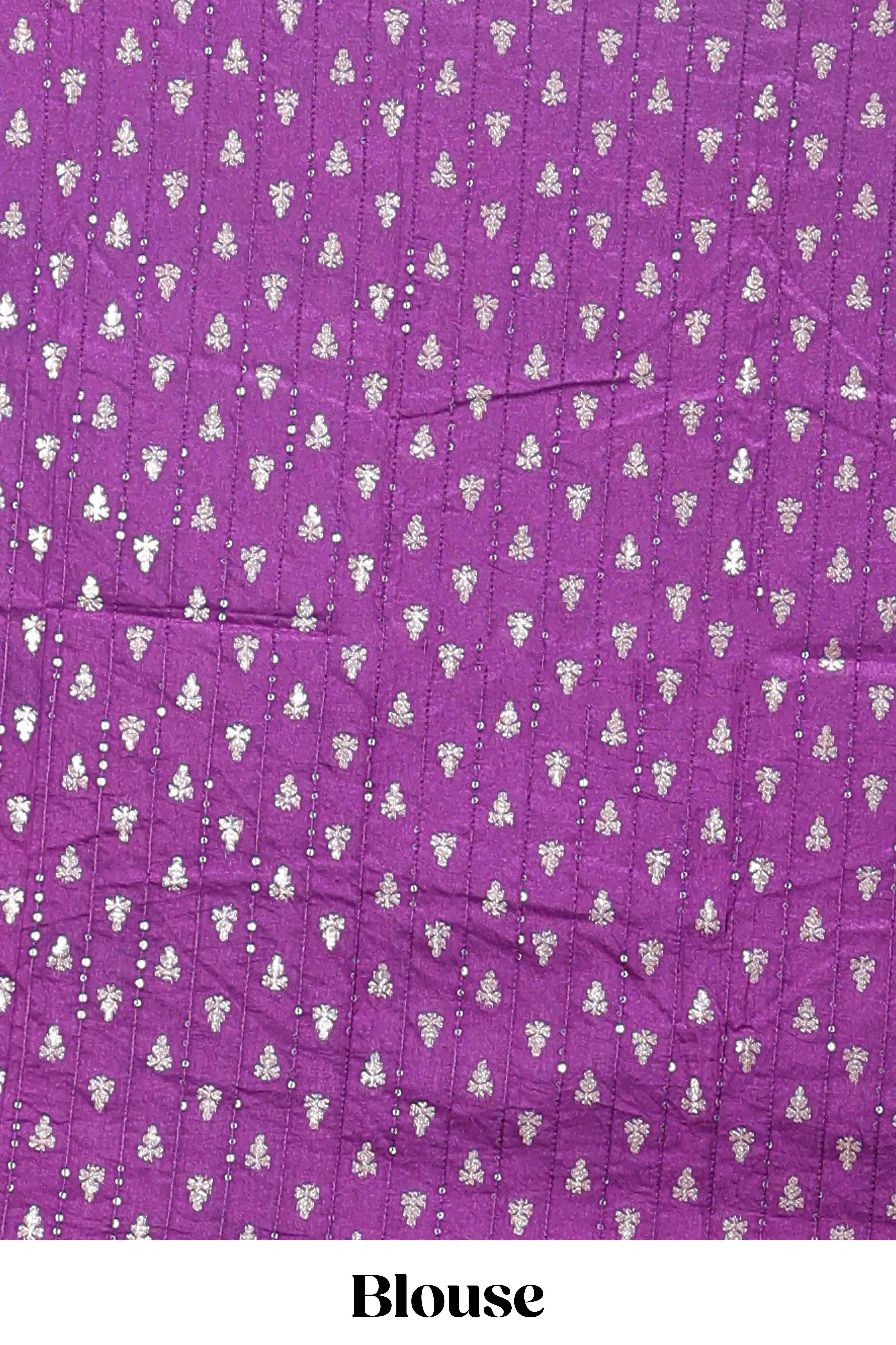 Purple checked peacock zari motifs dola silk saree with self zari border and matching blouse