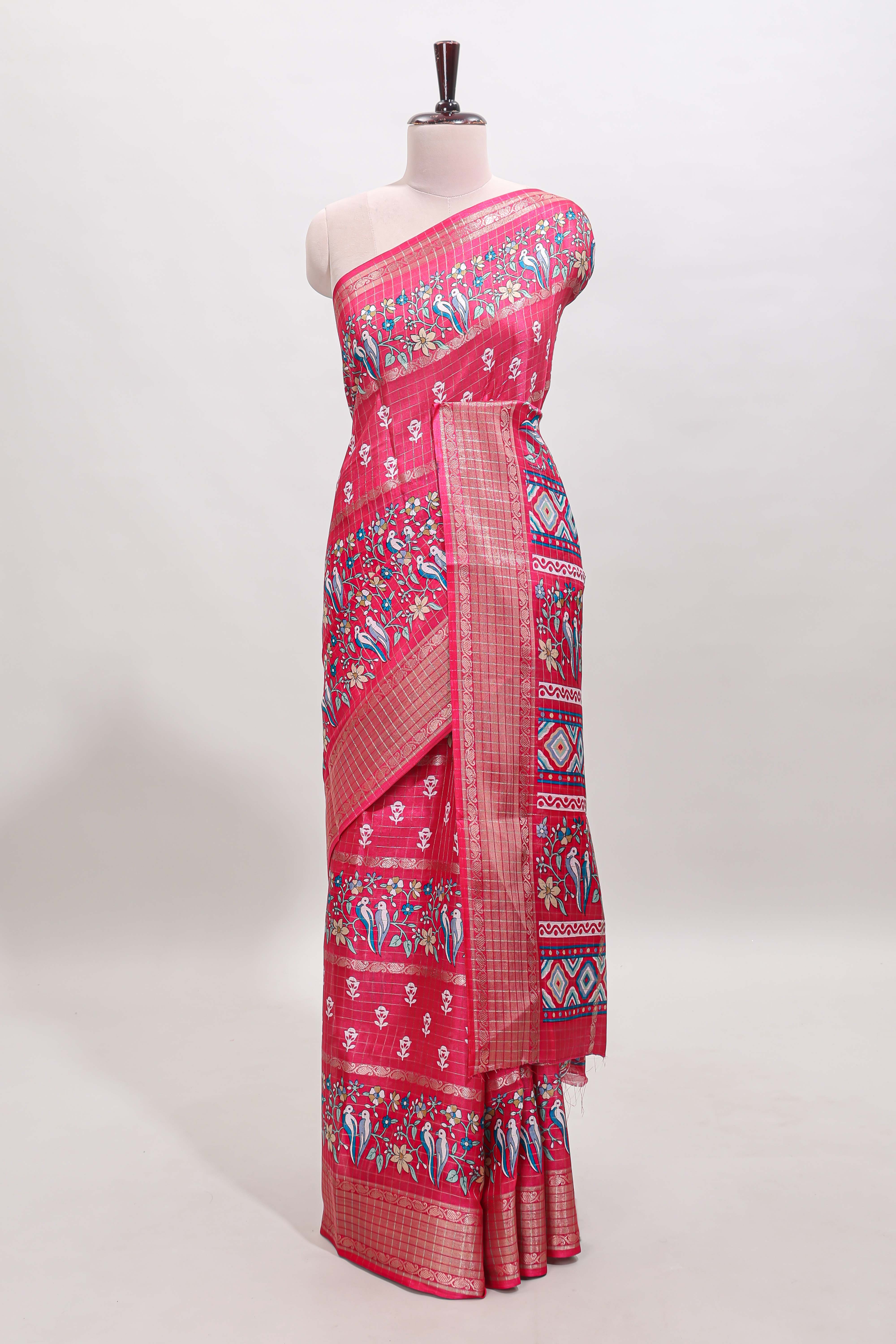 Pink checked floral design dola saree with self zari border and matching blouse