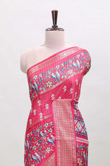 Pink checked floral design dola saree with self zari border and matching blouse
