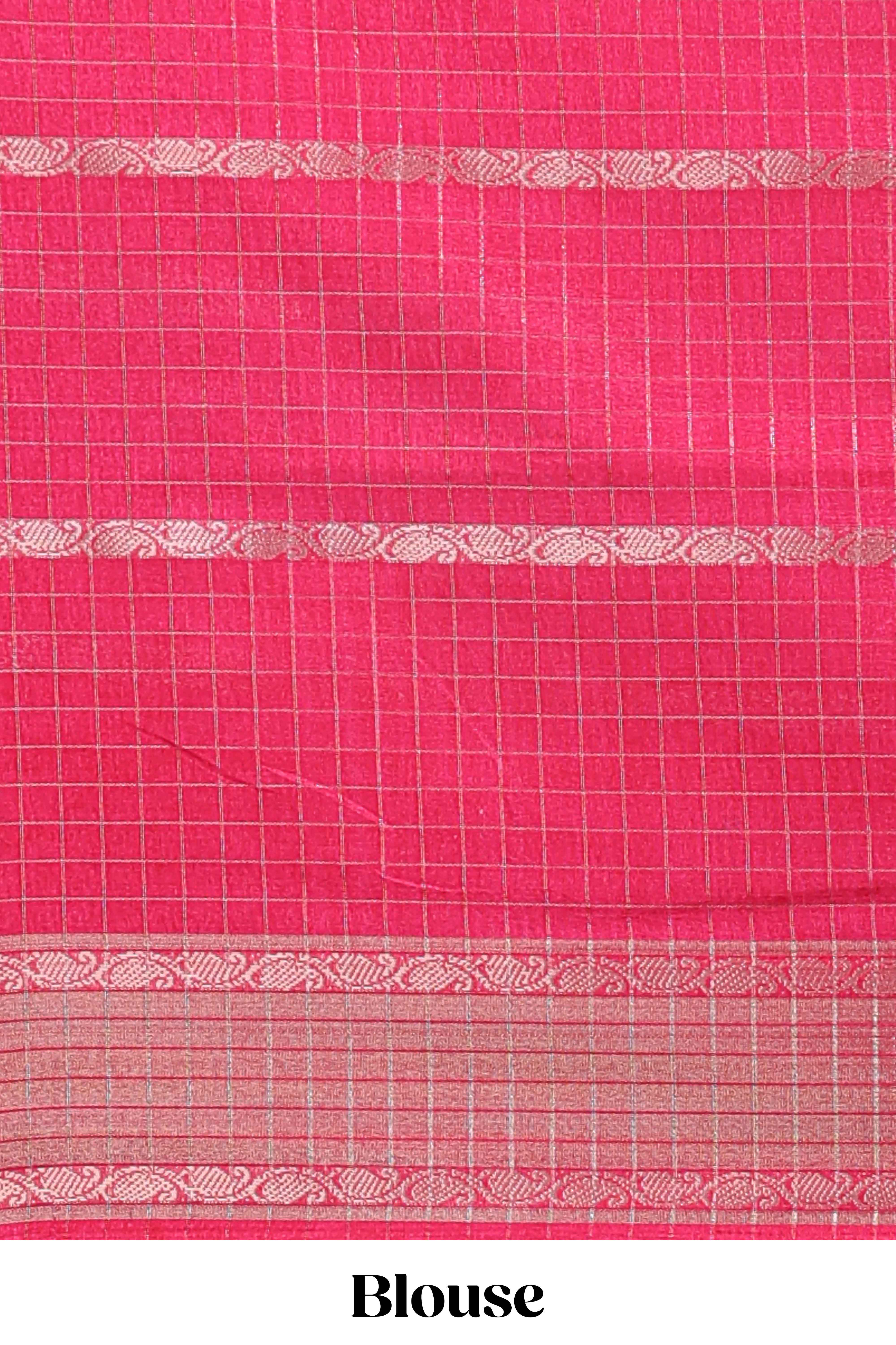 Pink checked floral design dola saree with self zari border and matching blouse