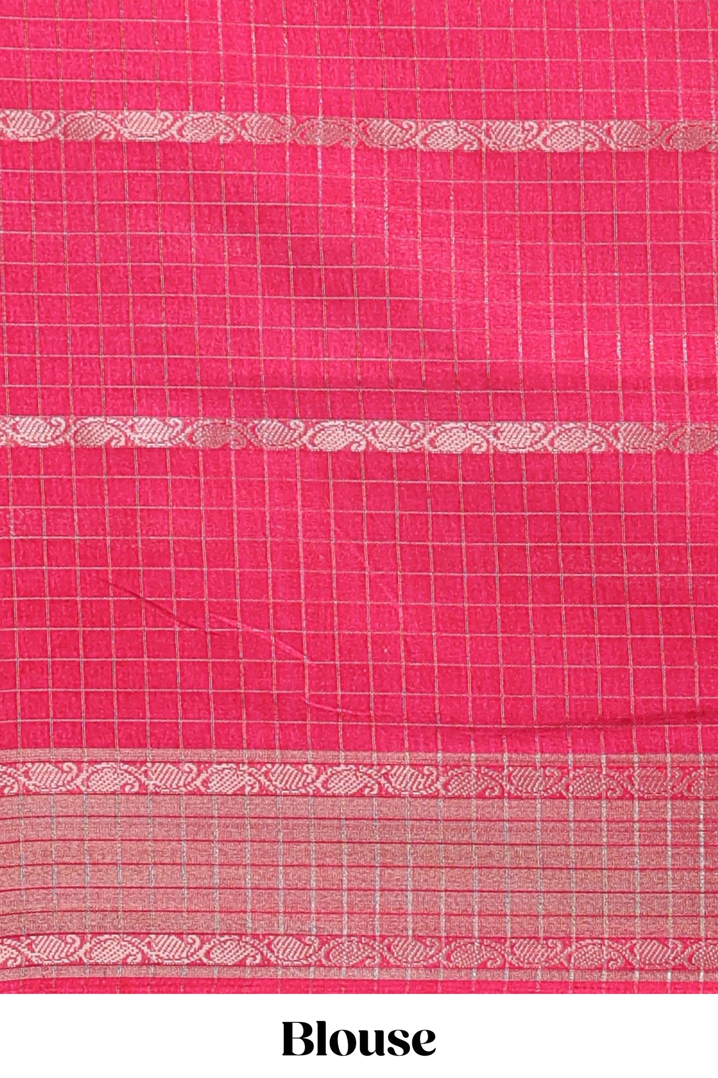 Pink checked floral design dola saree with self zari border and matching blouse