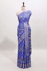 Blue checked floral design dola saree with self zari border and matching blouse
