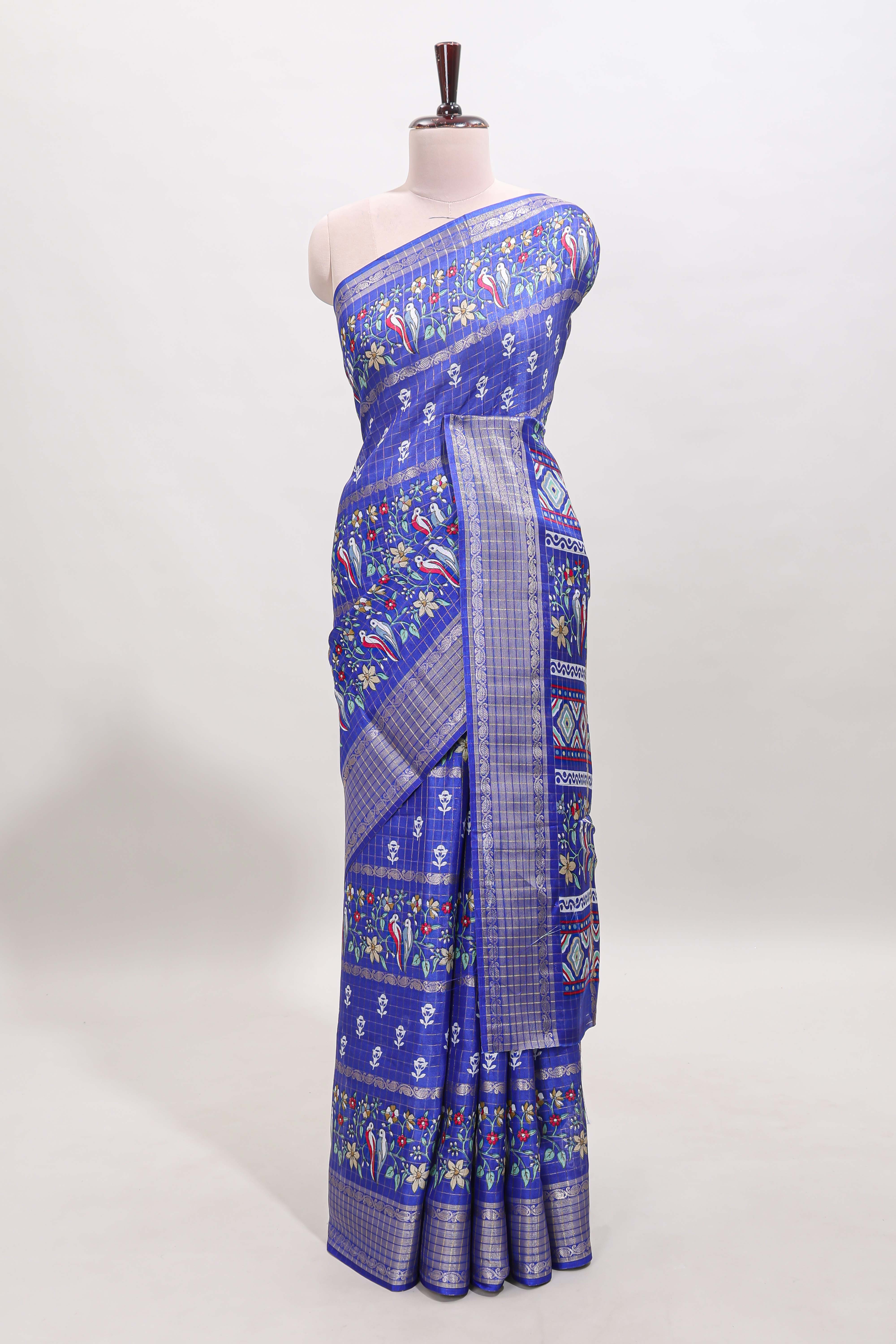 Blue checked floral design dola saree with self zari border and matching blouse