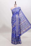 Blue checked floral design dola saree with self zari border and matching blouse