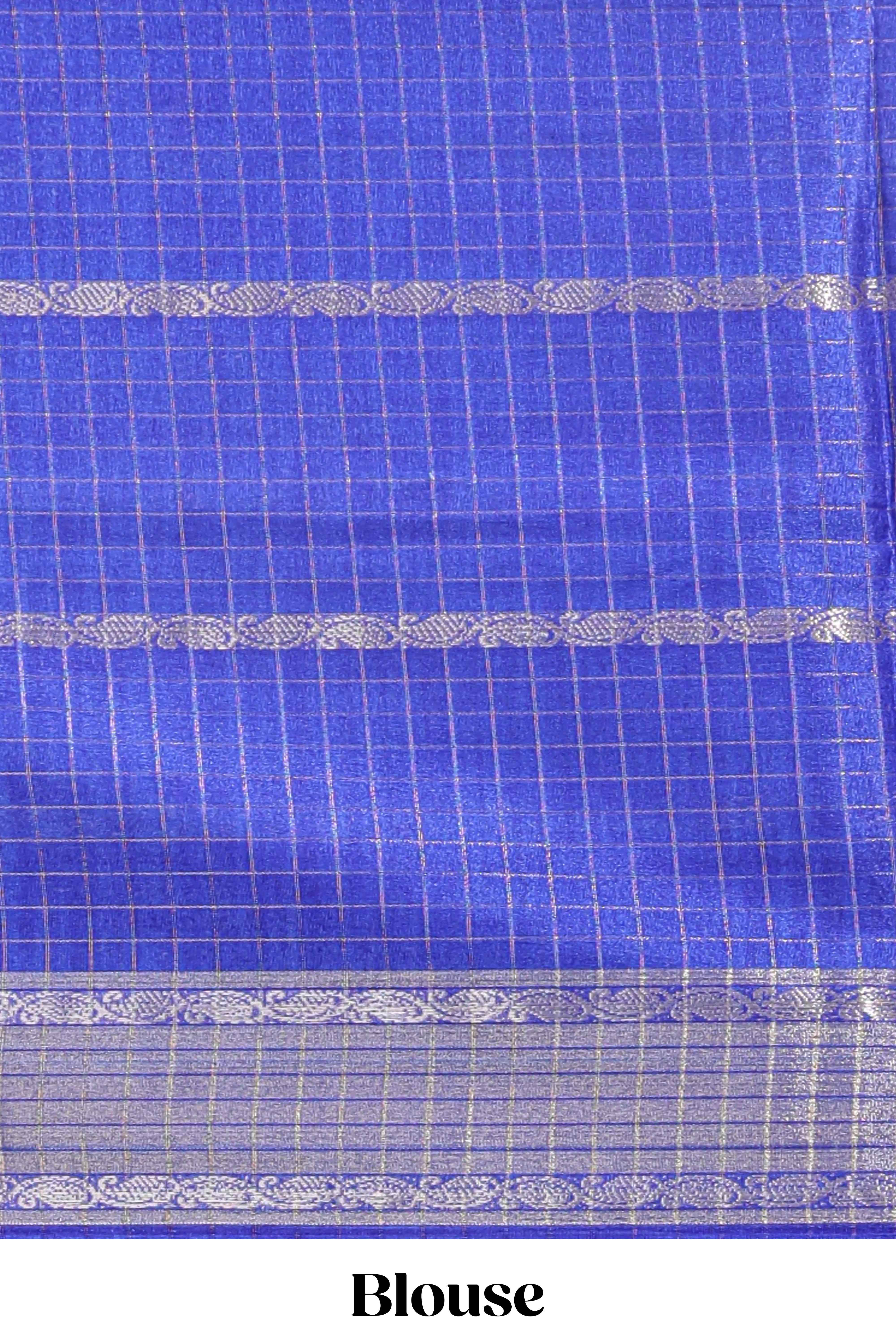 Blue checked floral design dola saree with self zari border and matching blouse